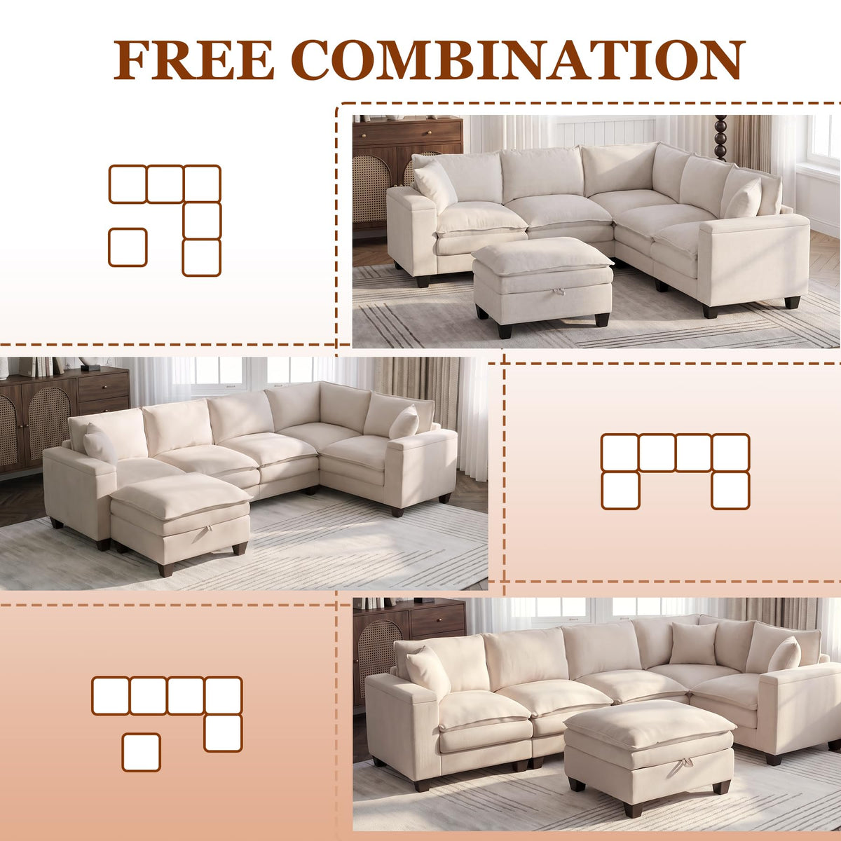 V Shaped Modular Sectional Couch with Storage Ottoman, Beige
