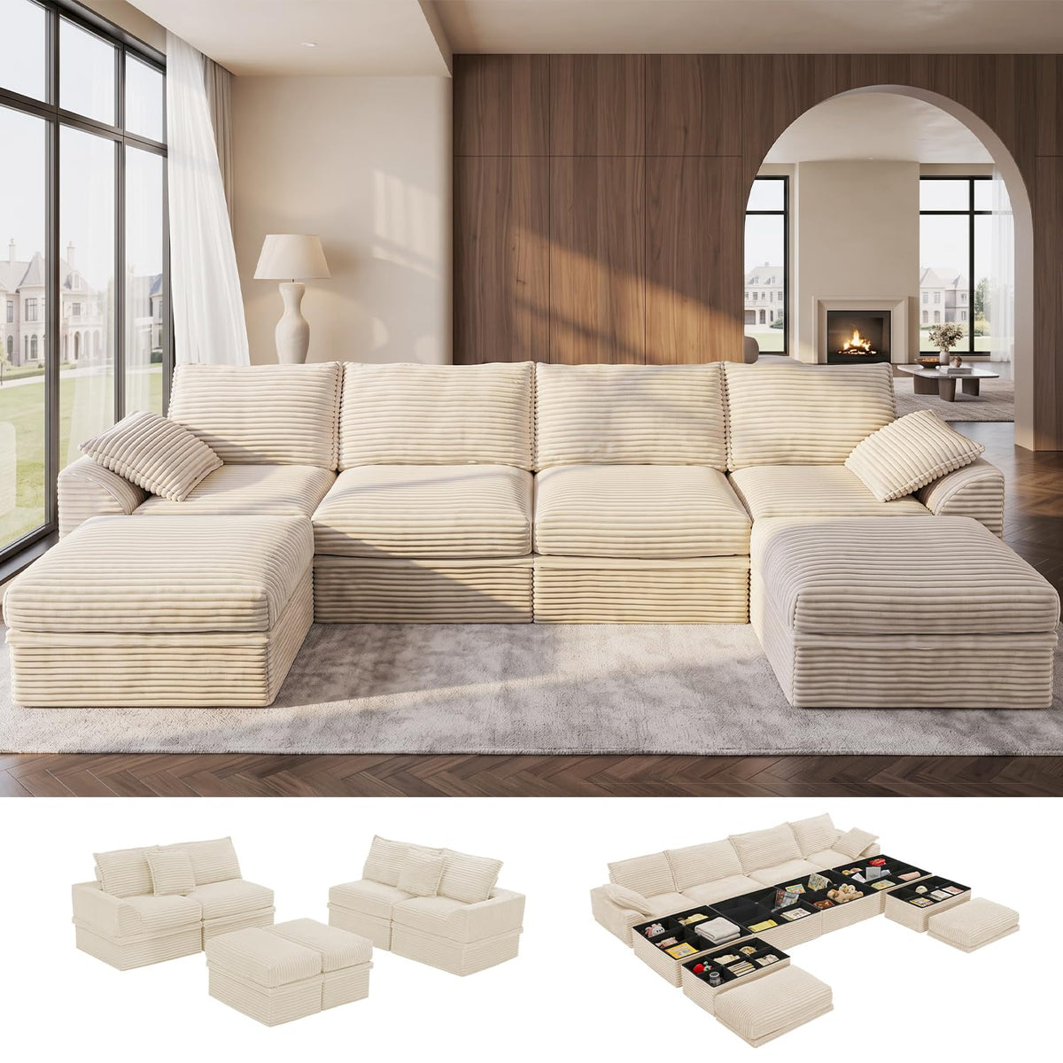Upgraded Boneless Couch with Storage, 107" Modular Sectional Sofa Couches for Living Room, Extra Deep&High 3 Seater U-Shaped Boneless Sofa with Ottoman, Tool-Free Assembly, Black