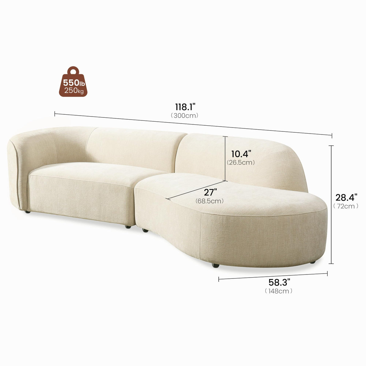 118" Right-Facing Chenille Sectional Sofa with Chaise, Modern Curved Cloud Couch, Deep Seat Upholstered Sofa with Solid Wood Frame, Organic Rounded Design for Living Room, Beige
