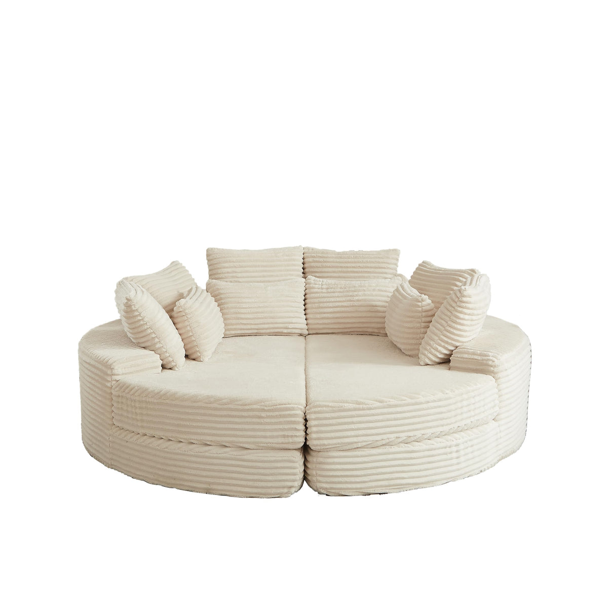 78.5" Beige Round Sofa Bed, Oversized Corduroy Boneless Couch, 2-in-1 Convertible Recliner Chair with Neck Pillow & 5 Throw Pillows, No Assembly, Living Room Lounge Furniture