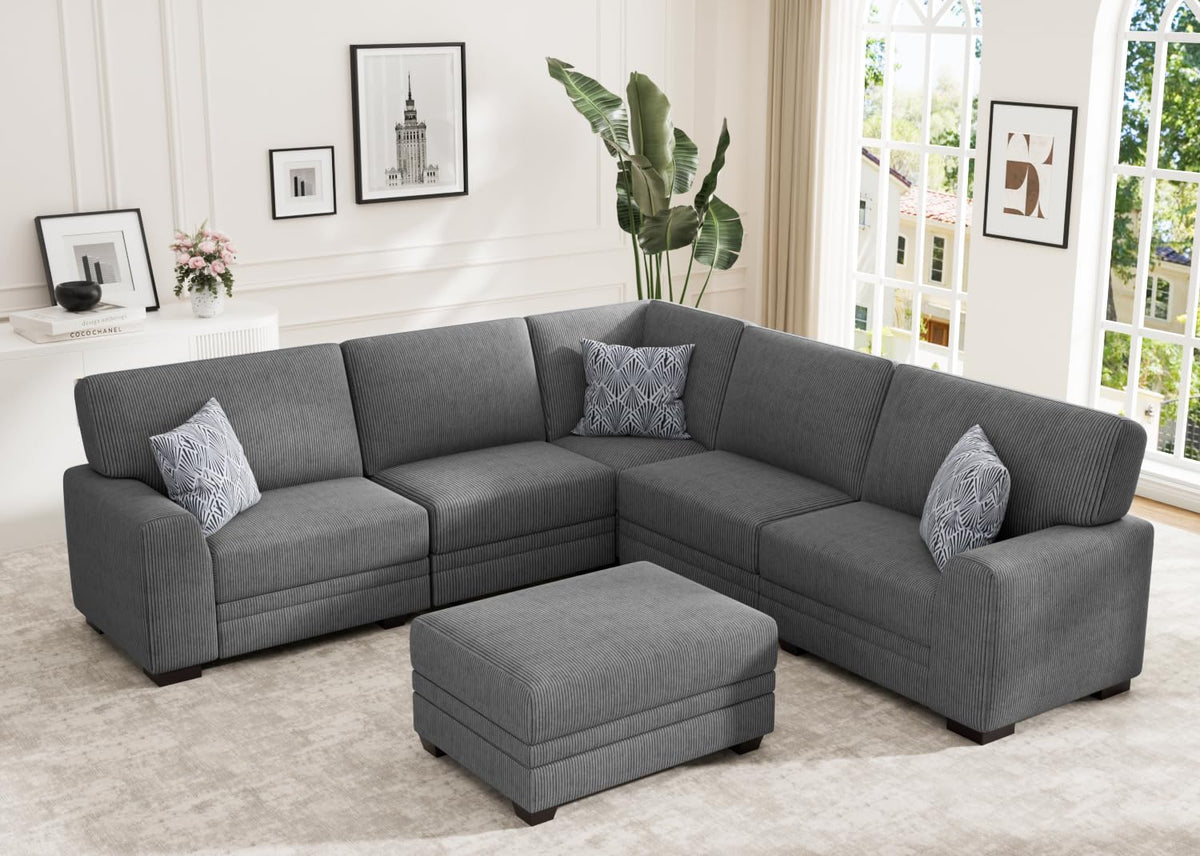 Wanderwell Oversized Modular Sectional Sofa, 6-Seater U Shaped Couches with Movable Ottoman,Corduroy Sectional Couch with Wide and Deep Seats Suitable for Living Room,Bedroom,Apartment (Olive, L-7)
