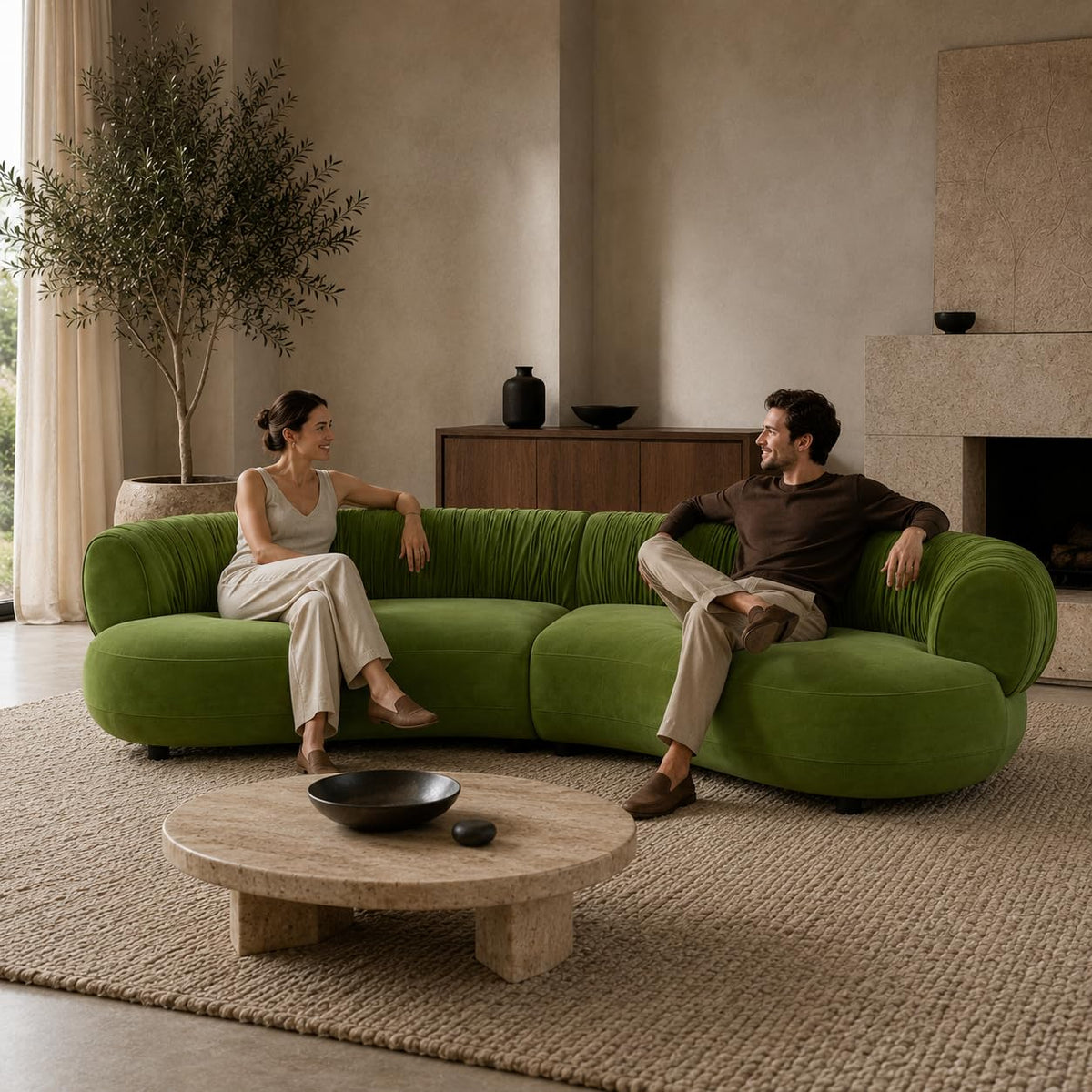 102" Curved Sectional Sofa, Green Velvet 4-Seater Couch, Living Room
