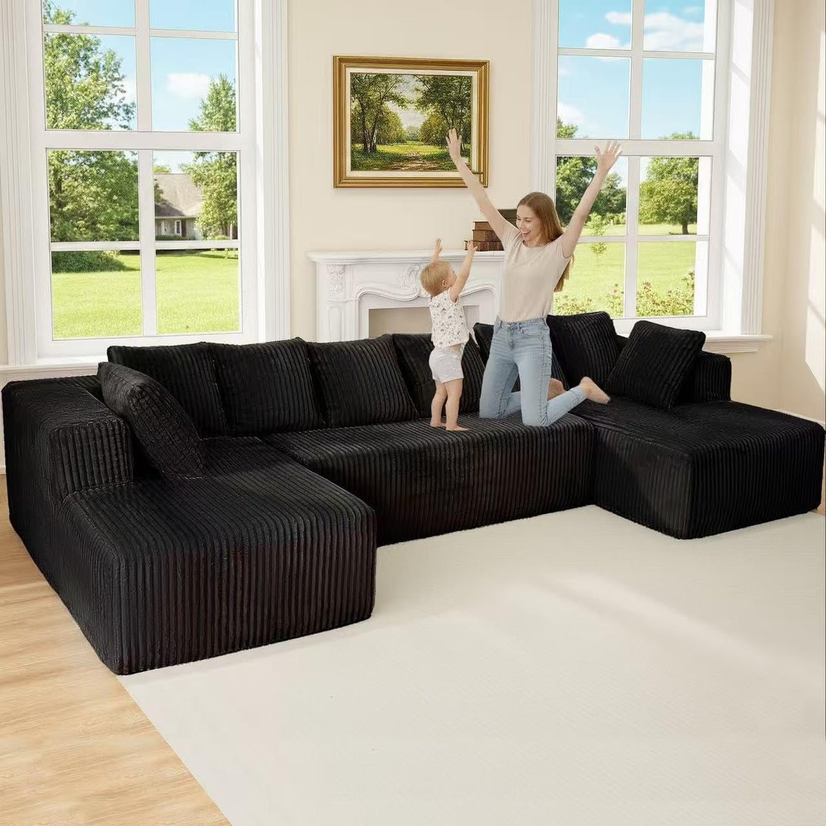 130" Cloud Couch Sectional, Boneless Couch, Corduroy Sofa for Living Room, U Shaped Modular Sofa with Chaise, No Assembly, 4 Seats Oversized, Black