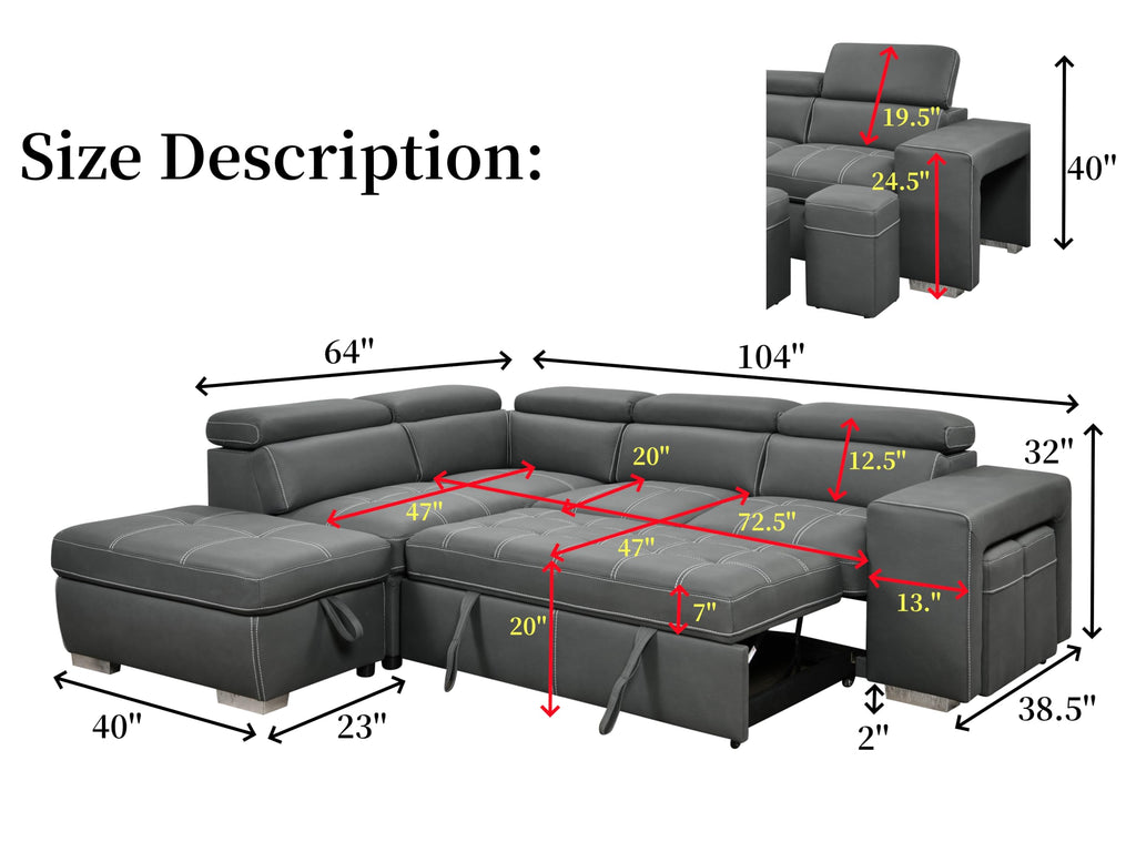 THSUPER 104'' Microfiber L Shaped Sectional Sleeper Sofa Couch with Pull Out Bed and Storage Ottoman, Convertible Couches with Adjustable Headrest for Living Room, Left Facing Chaise. Charcoal Grey