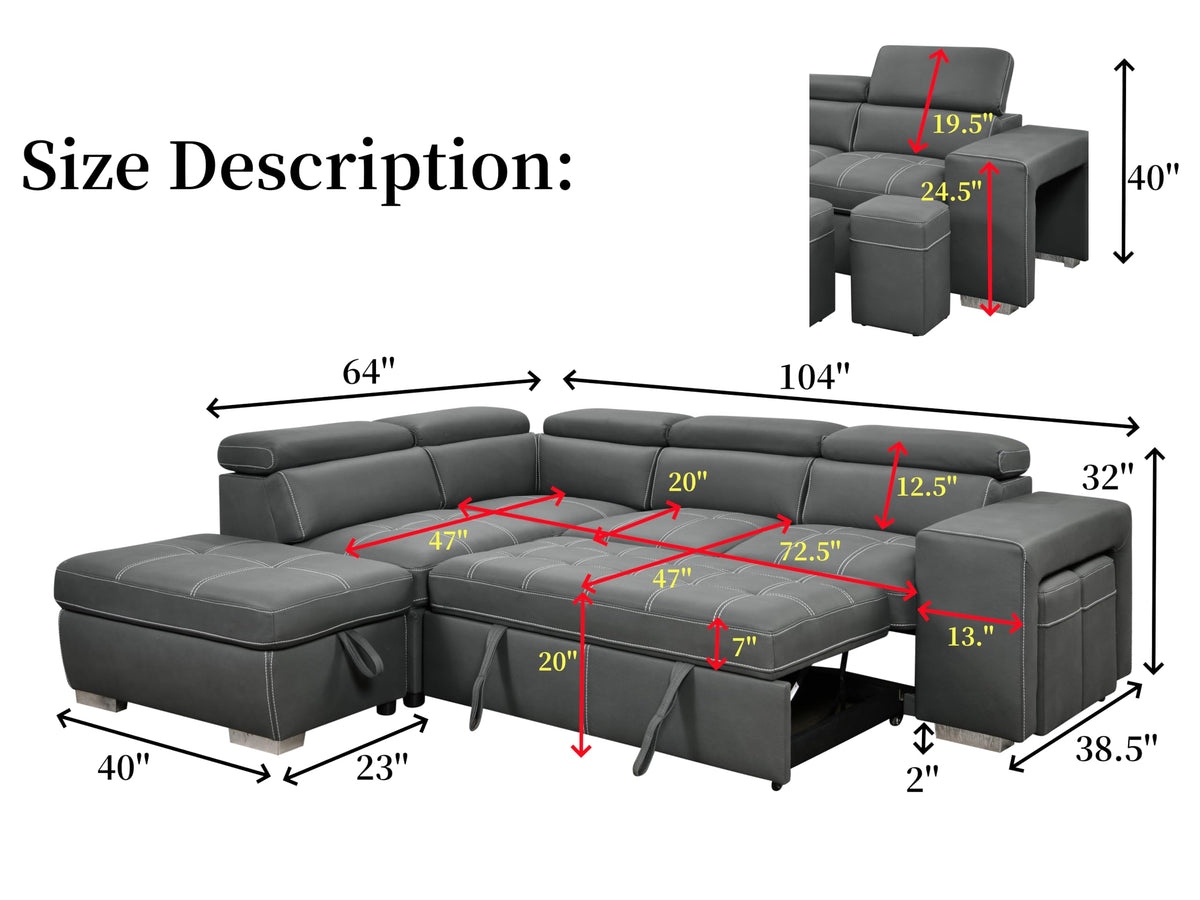 THSUPER 104'' Microfiber L Shaped Sectional Sleeper Sofa Couch with Pull Out Bed and Storage Ottoman, Convertible Couches with Adjustable Headrest for Living Room, Left Facing Chaise. Charcoal Grey