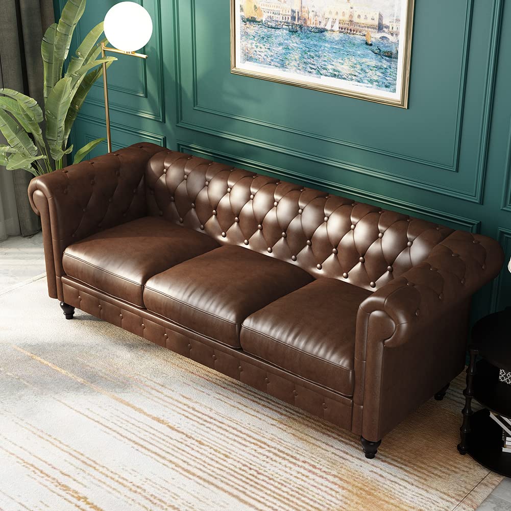 WILLIAMSPACE 88.2" Chesterfield Sofa Couch for Living Room, 3 Seater Couches Upholstered Tufted PU Sectional Sofa for Office Apartment - Brown