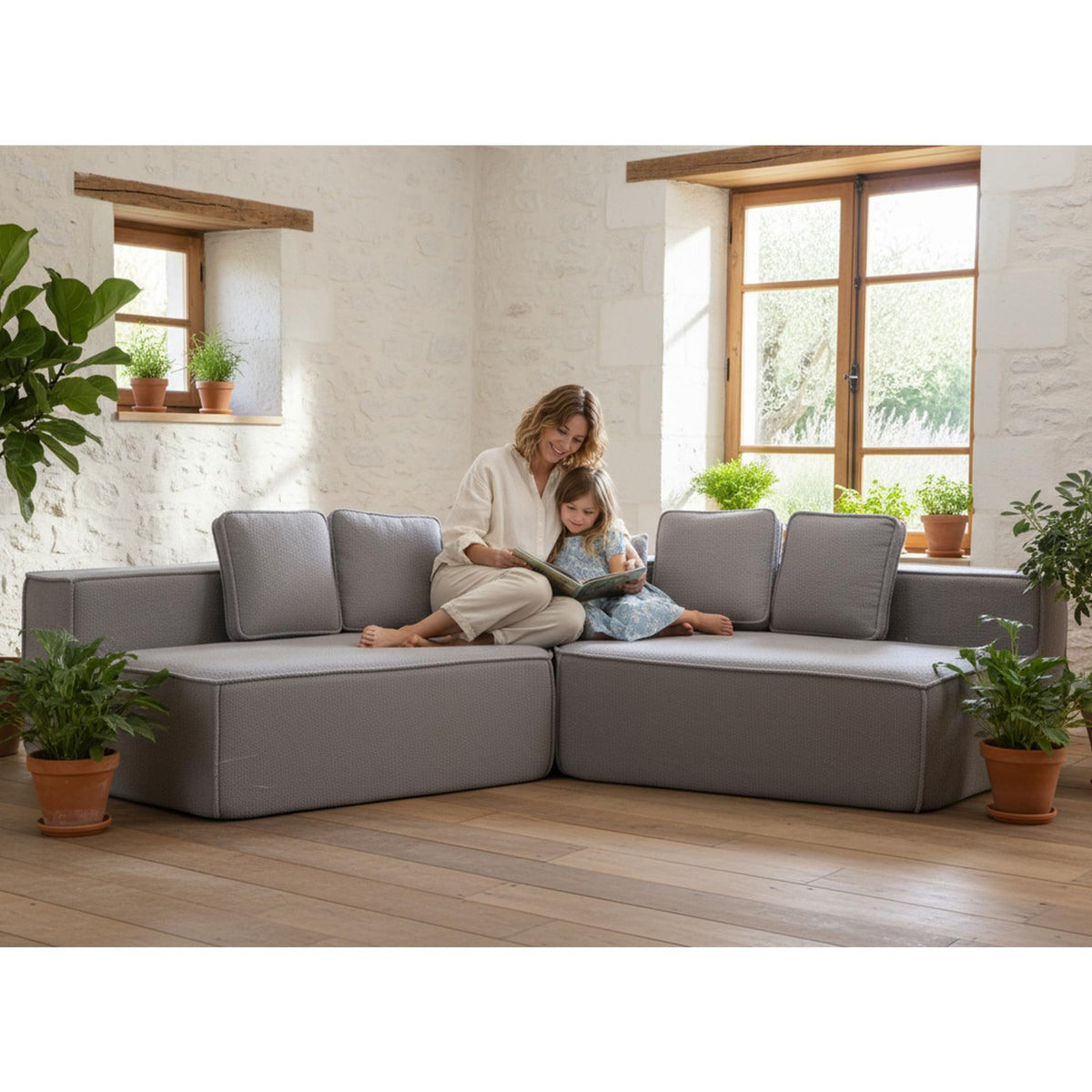 132" Oversized Fabric Modular Sectional Sofa, Full Foam Cushion with Ultra Soft Feel with six Cushions, High Density Support, Cozy Couch for Family 33017 2 Grey AS656