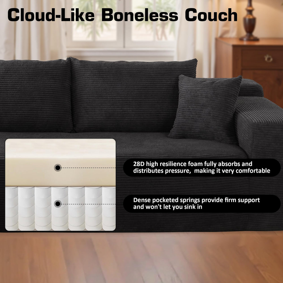 106" Cloud Sectional Couch with Chaise Lounge,L Shaped Modular Modern Sofa,Comfy Corduroy Fluffy Sofa with Deep Seat,No Assembly Required Couch for Living Room(Left,Stripe Corduroy,Black)
