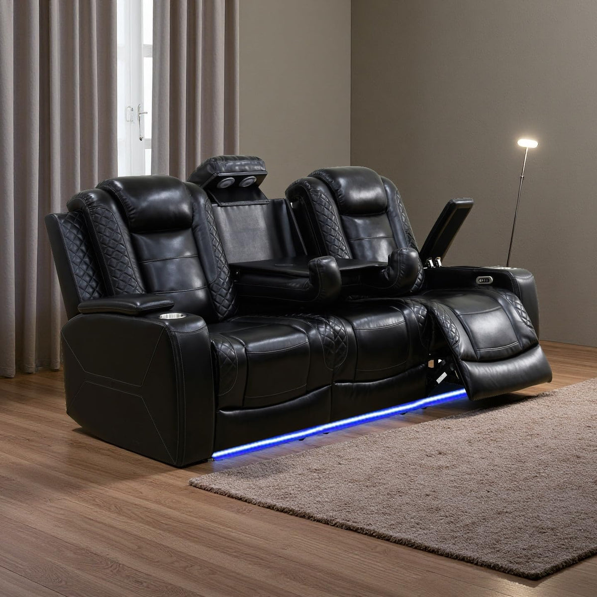A Ainehome Power Leather Recliner Sofa Set with LED Lights, Recliner Sofa Sectional Couches for Living Room, Reclining Sofa, loveseat, Chair with USB Port/Storage Console/Cup Holder(black,3-piece set)