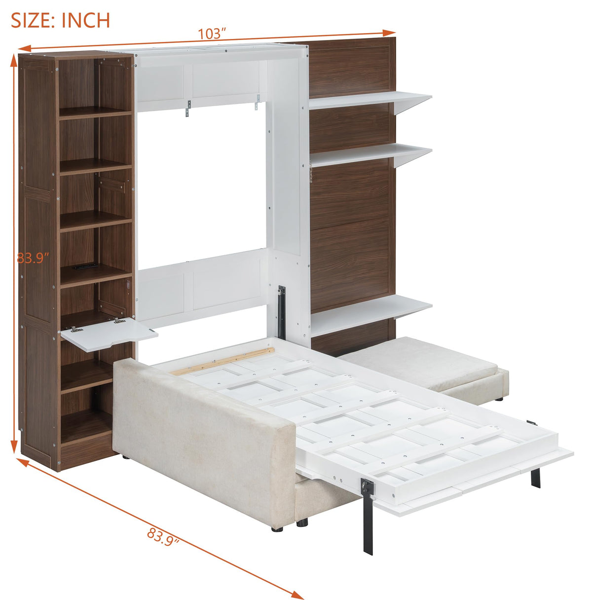 Twin Size Murphy Bed with Open Shelving, Sofa Front and Printed Panel