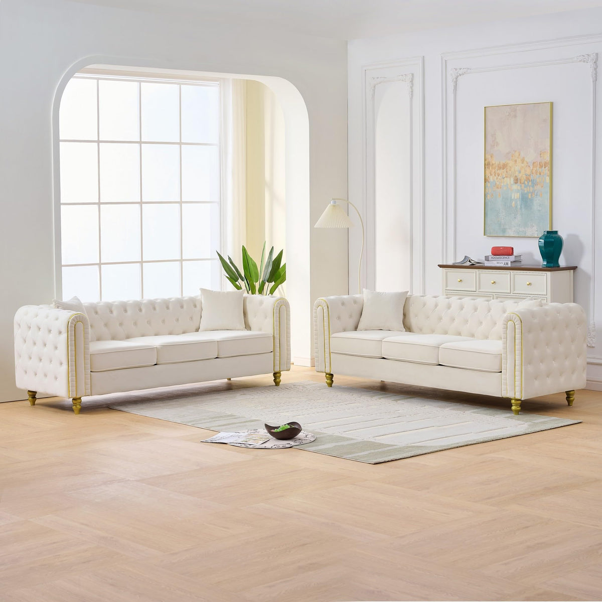 Velvet Chesterfield Sofa Set of 2, Mid Century Modern Deep Seat Loveseat + 3 Seater Couch with Golden Legs and Button Tufted, Upholstered Comfy Sofa with 2 Pillows for Living Room, Black Gold