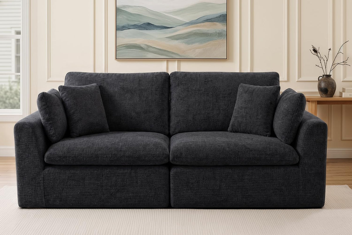 127" Cloud Sofa, U-Shape 3-Seater Modular Couch with 2 Ottomans, Black