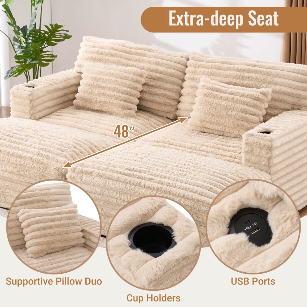 ZOEDO Oversized Double Chaise Lounge Sofa 82" Sofa Bed Plush Upholstered Sleeper Sofa Daybed with Two Supportive Pillows, USB Ports and Cup Holders for Living Room, Champagne (Old SKU:N719S002110D)