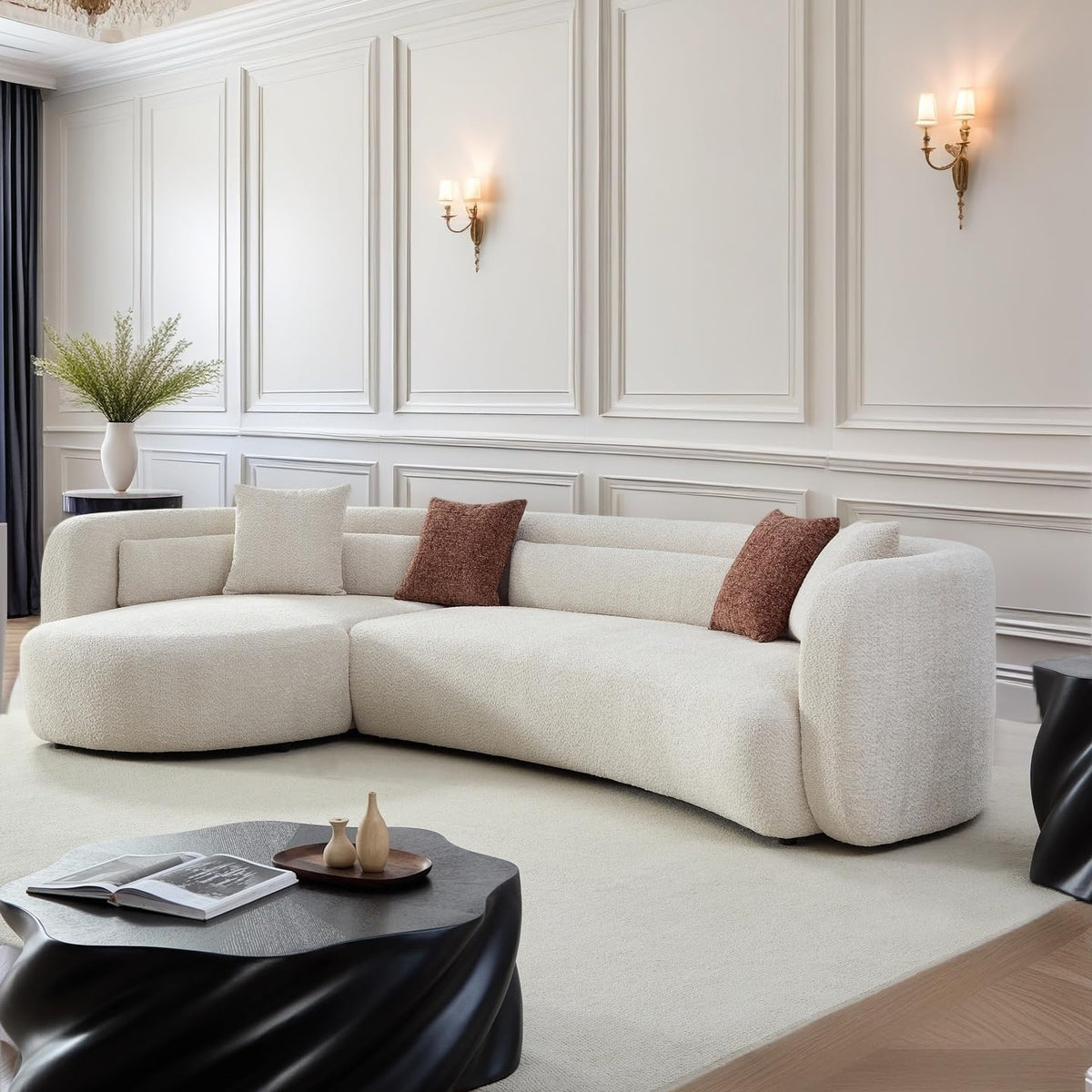 132 Inch Beige Curved Boucle L-Shaped Sectional Sofa, Left-Hand Facing