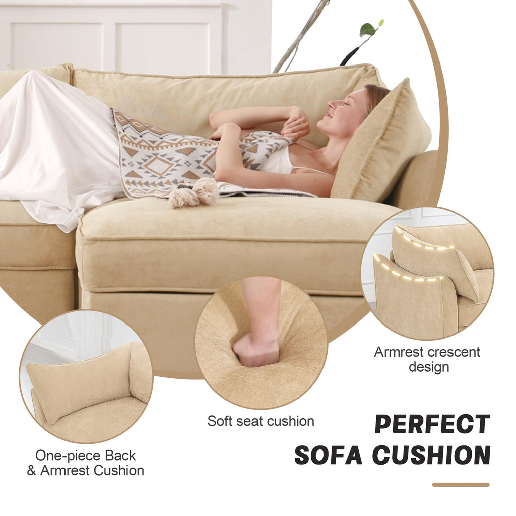 U Shaped 3 Seater deep seat Sofa with footstools Including 2 movablefootstoolsshapedarmrests,andwraparoundback and arm Cushions,with a Pull Out Storage Drawer Under Each seat Chenille Wheat