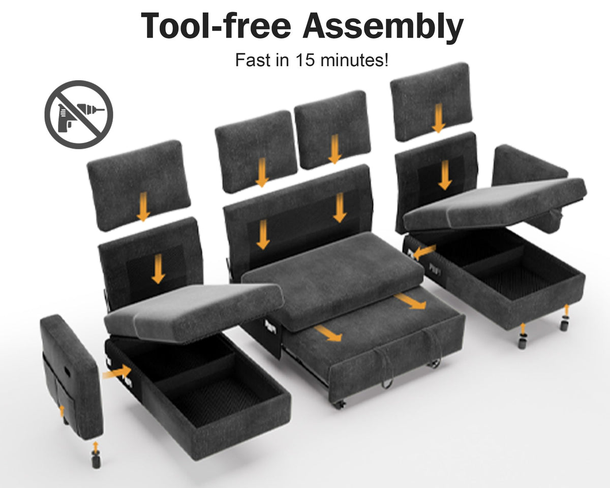 Vipbear 106" Sectional Sleeper Sofa with Pull Out Bed, U Shaped Couch Sleeper Sofa Bed, Pull Out Couch with Reclining Backrest, Double Storage Chaise, USB Ports, Tool-Free Assembly, Chenille Grey