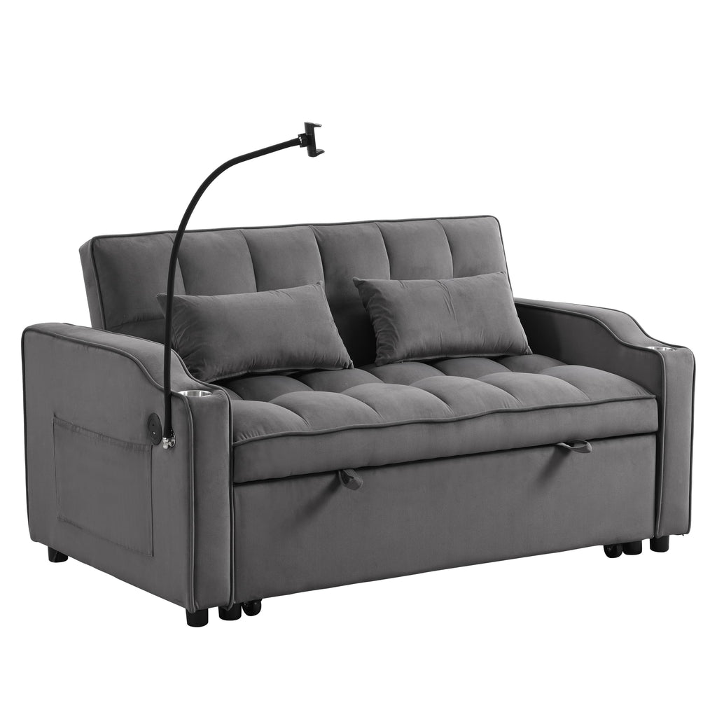 Tidyard Sofa Bed with Trundle, Dark Grey, Convertible Sleeper Couch with USB Ports & Phone Holder, 3-Position Reclining, Includes 2 Pillows, Easy Assembly
