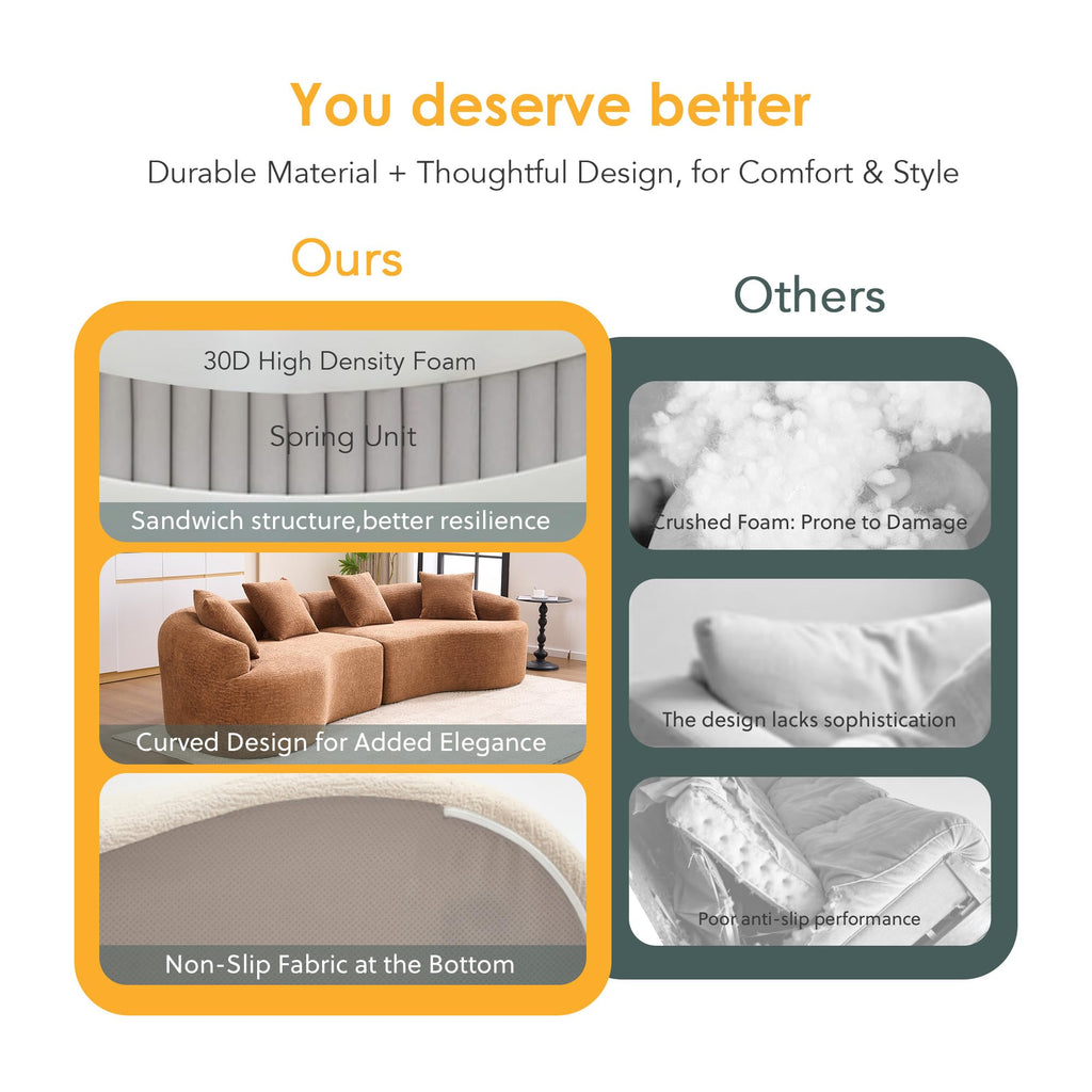110.2" Boneless Curved Modular Sofa, Modern S-Shaped Chenille Upholstered Couch with 4 Pillows, Spring & Foam Support Soft Packed Sofa for Small Space Living Room, Home Decor (Caramel, 4)
