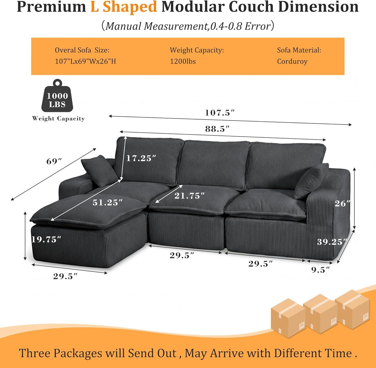 Vipbear 107" Modular Sectional Sofa with Ottoman, Free Assemble