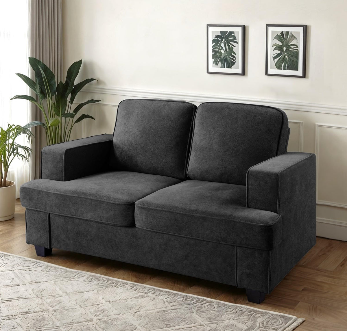Velvet Loveseat, Comfortable 2 Seater Couch with Deep Seating and High Density Foam, Loose Back Cushions, Wide Arms, Livingfor Home, Apartment, Office, Black