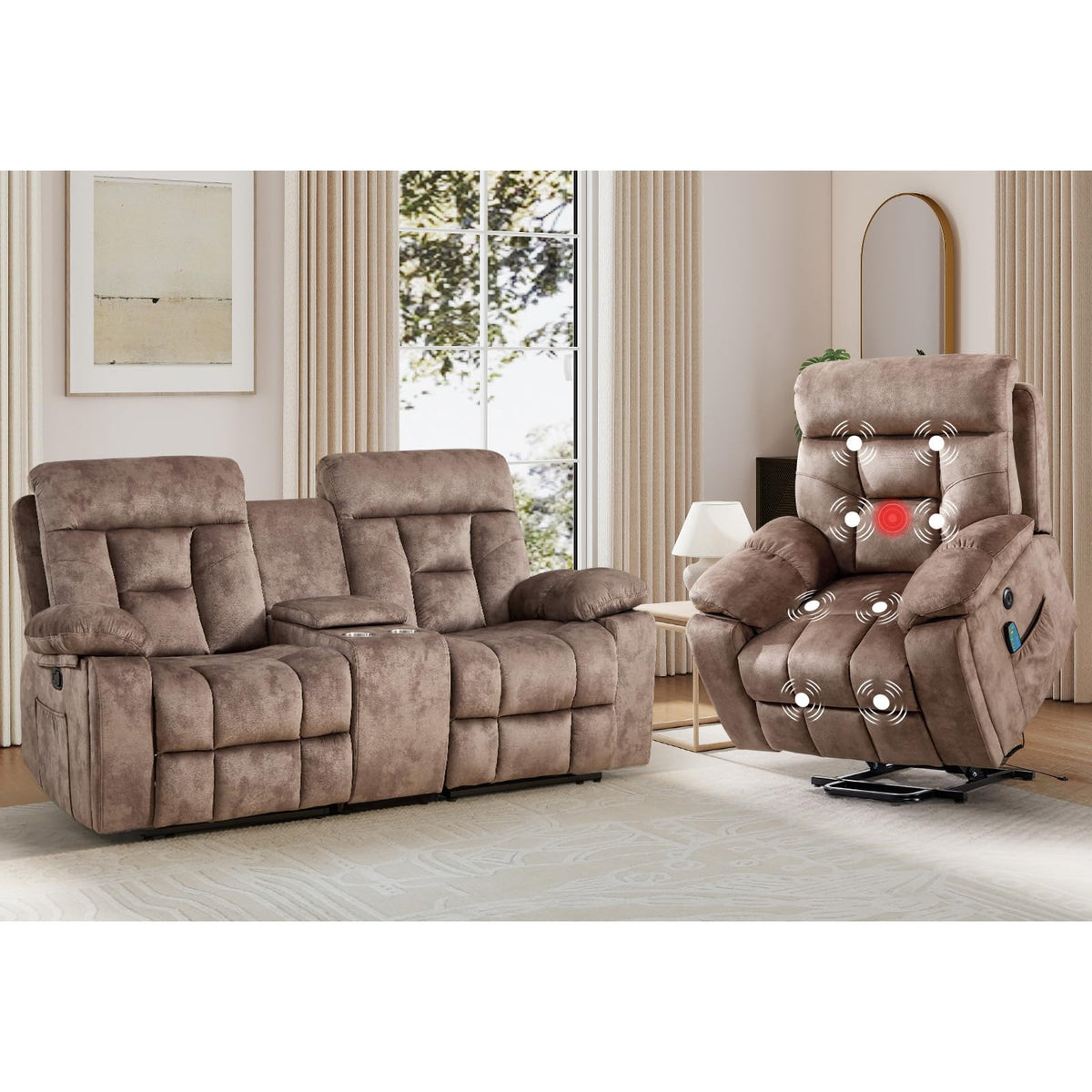 EBELLO 2 Piece Reclining Living Room Set, Soft Fabric Recliner Sofa Furniture Set, Included Power Lift Recliner Chair with Massage and Heat and 3 Seat Sofa, Dark Greenish-Grey