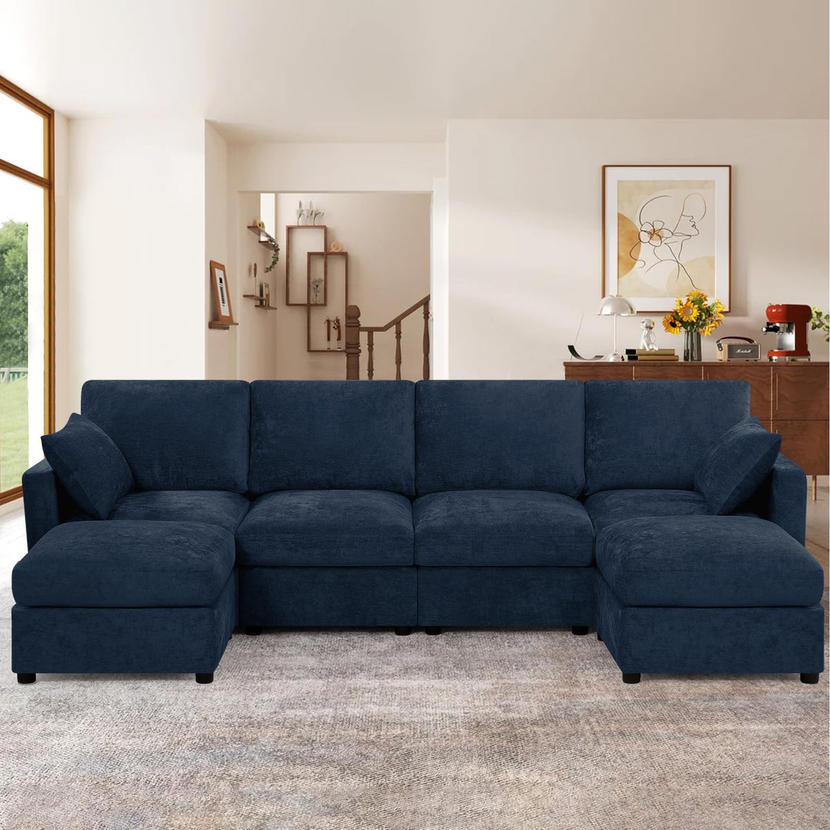 110" Chenille 4 Seats Couch with 2 Ottomans, Black