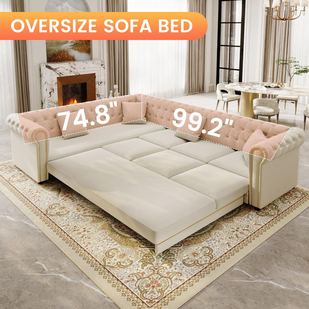 115.3" L-shaped Couch with Pull Out Sofa Bed, Velvet Couch Gold Trim, Beige