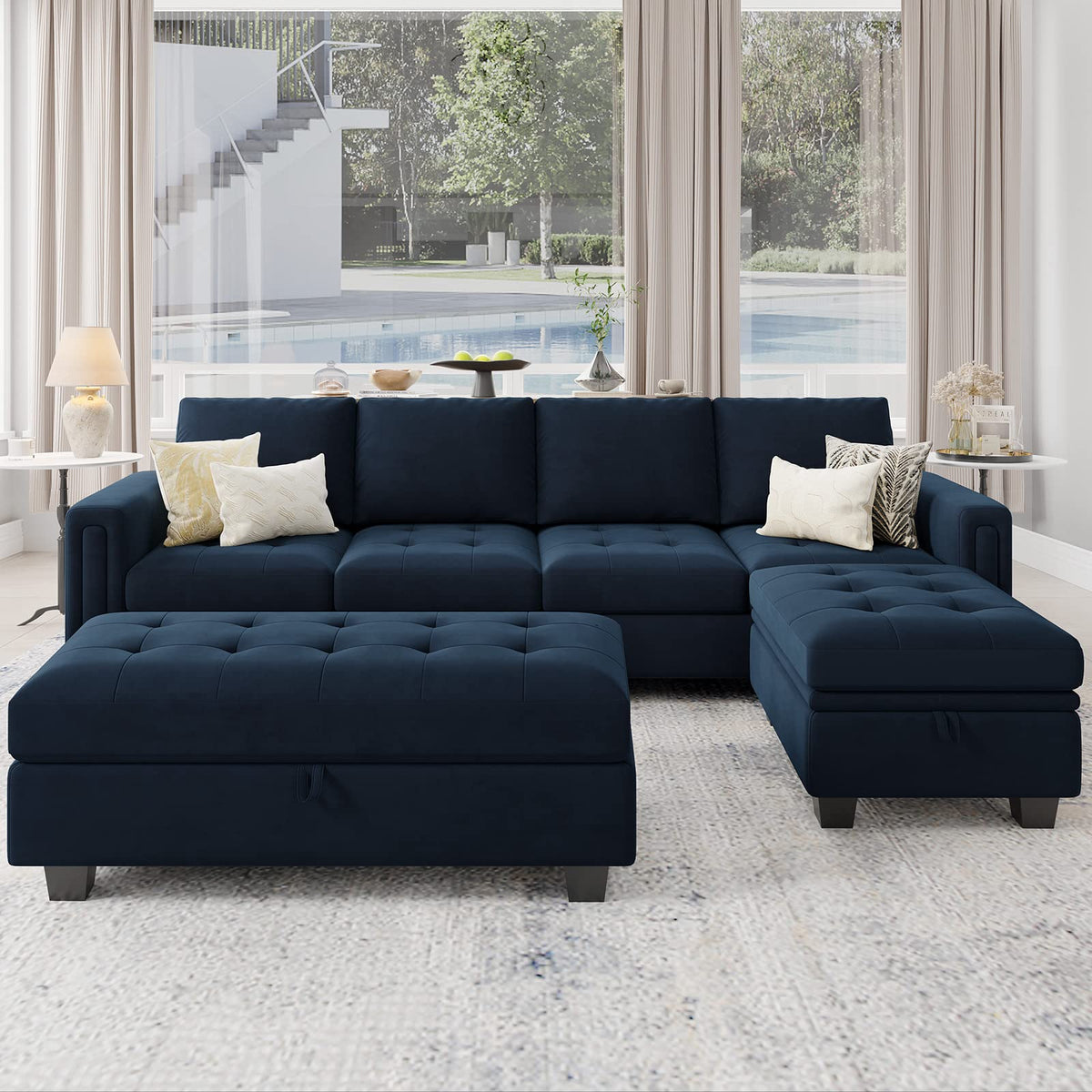 Belffin Velvet Convertible 4-Seat Sectional Sofa with Reversible Chaise L Shaped Sofa Couch Furniture Sets Sectional Couch with Storage Ottoman Blue