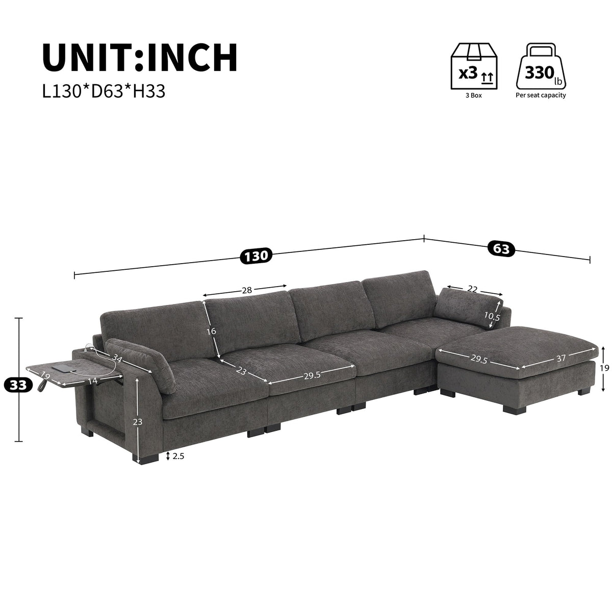 130" Modular Sectional Sofa, Oversized L-Shape Couch, Modern Comfy Chenille Sofa with Folding Table and Dual-Port Charging, Side Storage Pockets, 5 Seat Convertible Couches for Living Room (Charcoal)