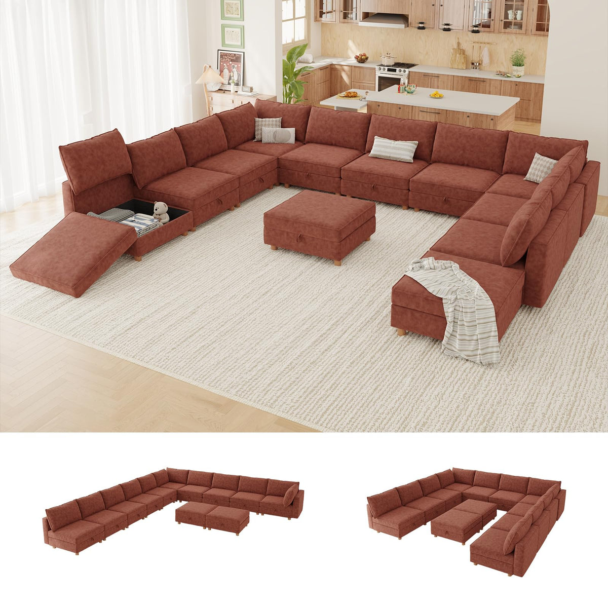 127'' Modular Sectional Sofa,FSC Certified 6 Seater Sectional Sofa,Chenille Couch with Removable Washable Covers,Modern Couch with Ottoman,U Shaped Couch with Storage,Beige Couches for Living Room