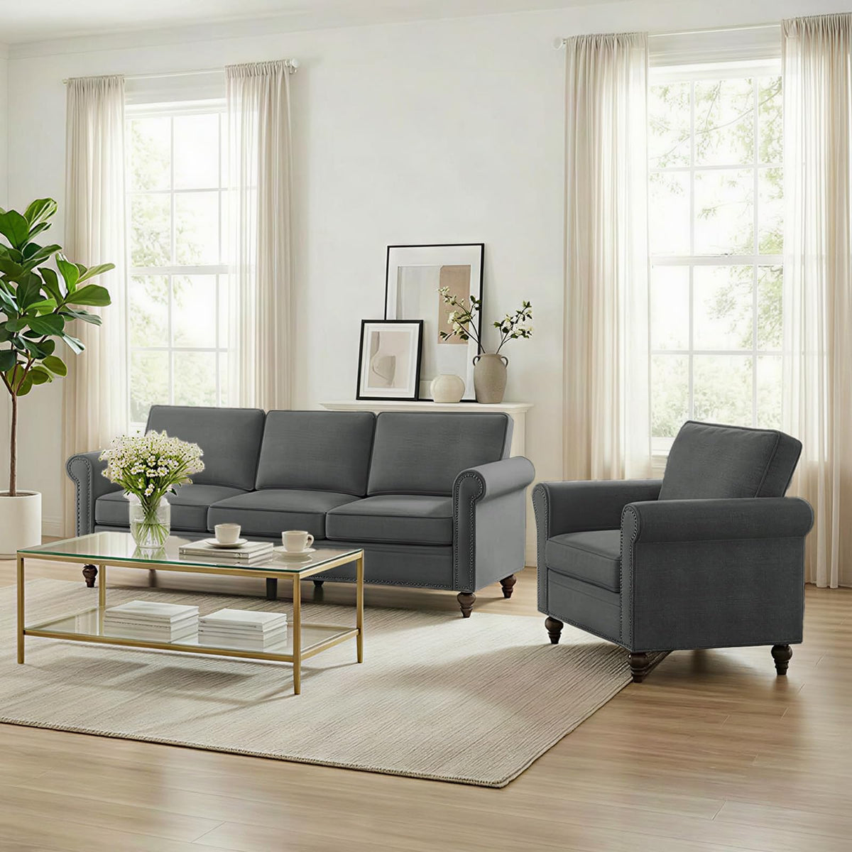 Living Room Sofa Sets 3 Piece, Modern 3 Seater Sofa and Loveseat Couch and Armchair Sets, Linen Fabric 3-Seat + 2-Seat Couch+ Single Accent Chair Furniture Sets
