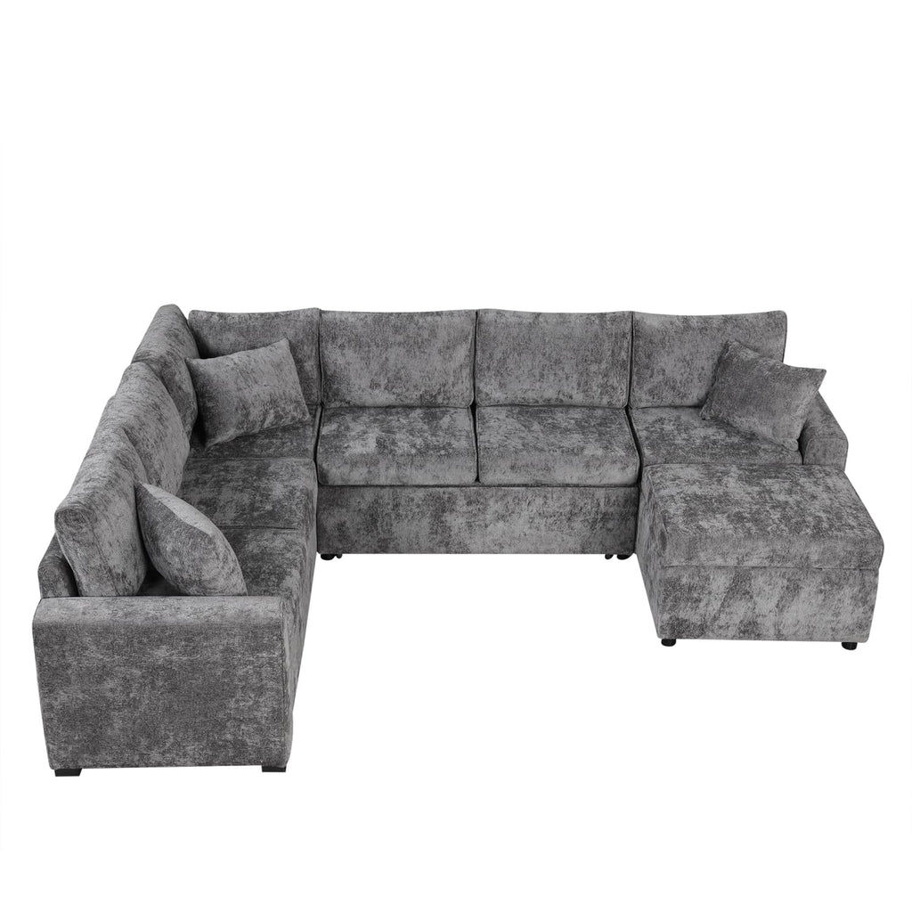 112.2" Sectional Sofa Pull-Out Bed Sleeper with Storage Ottoman Grey Chenille Living Room Cozy