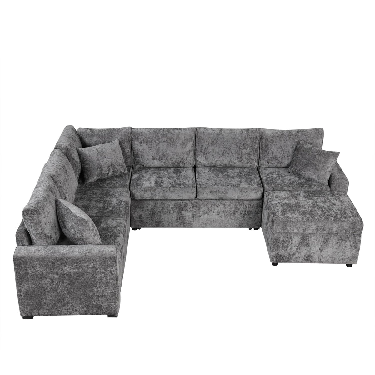 112.2" Sectional Sofa Pull-Out Bed Sleeper with Storage Ottoman Grey Chenille Living Room Cozy