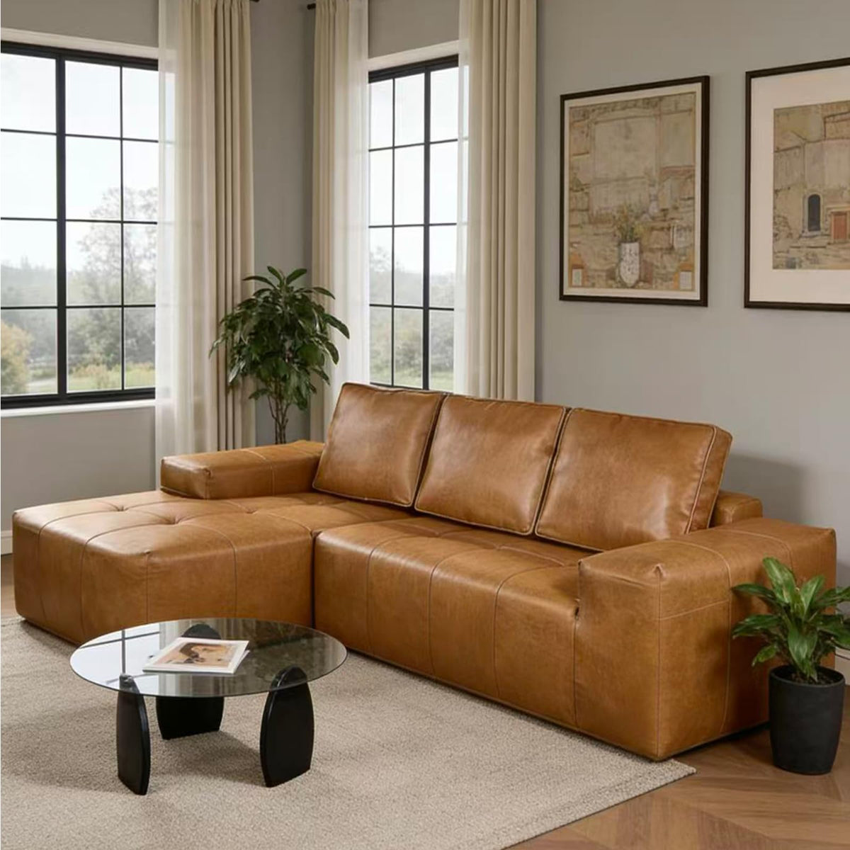 114" Faux Leather L-Shaped Couch, Boneless Couch for Living Room
