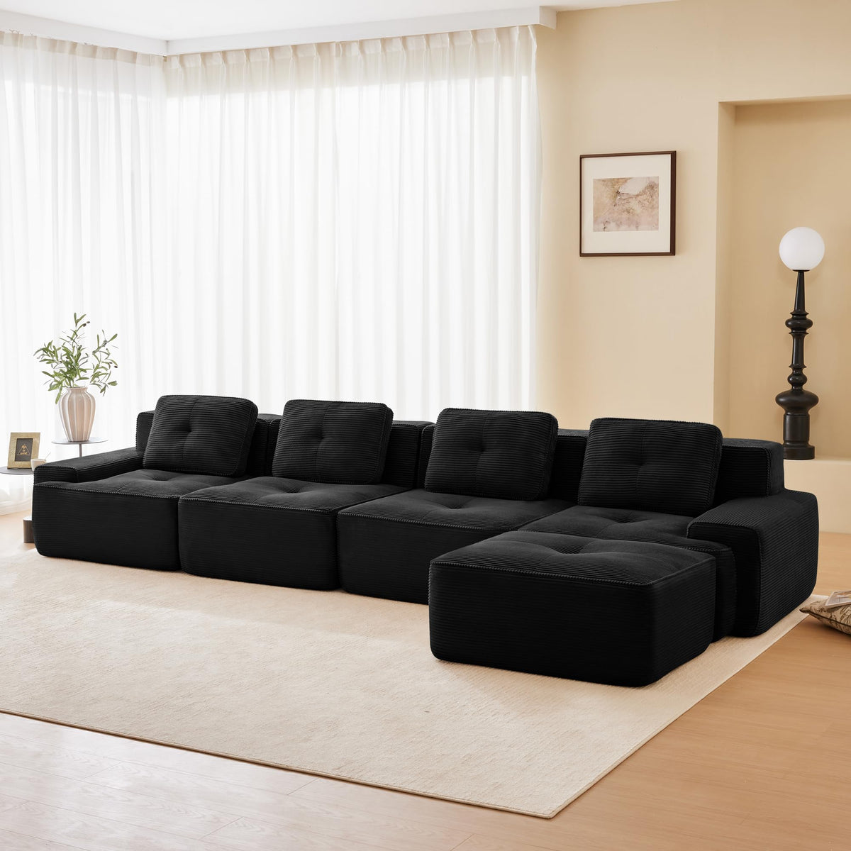 Tidyard 15? Modern L-Shaped Modular Sectional Sofa for Living Room, Corduroy Fabric 4-Seater Couch with Deep Seat, Movable Ottoman, Tufted Design, No Assembly, Anti-Slip Base, Black