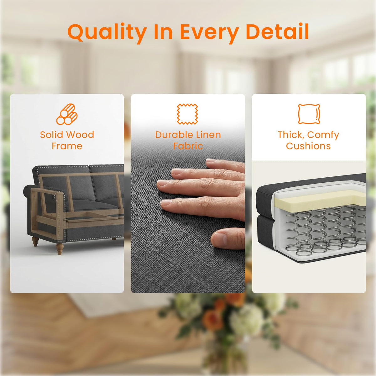 Living Room Sofa Sets 3 Piece, Modern 3 Seater Sofa and Loveseat Couch and Armchair Sets, Linen Fabric 3-Seat + 2-Seat Couch+ Single Accent Chair Furniture Sets
