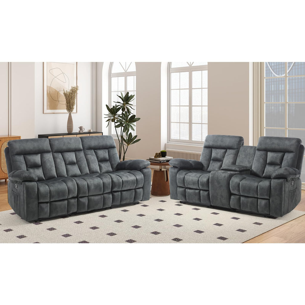 EBELLO 2 Piece Reclining Living Room Set, Soft Fabric Recliner Sofa Furniture Set, Included Power Lift Recliner Chair with Massage and Heat and 3 Seat Sofa, Dark Greenish-Grey