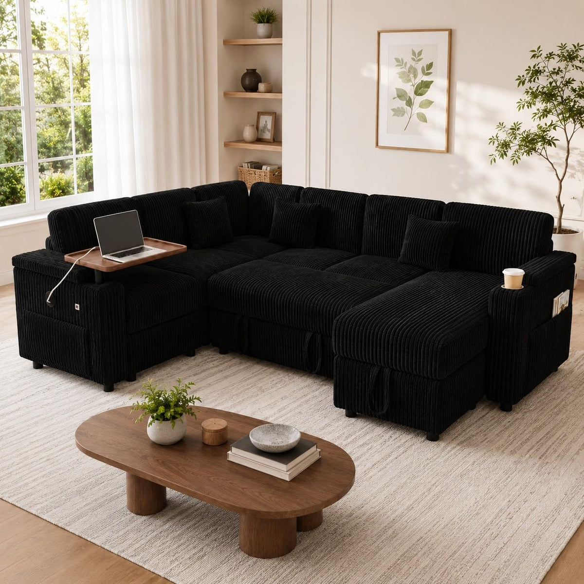 100" U Shaped Modular Sectional Couch with USB Ports, Cup Holders & Folding Table, Corduroy Fabric Sofa with Storage Seat, Comfortable Living Room Couch (Dark Gray)