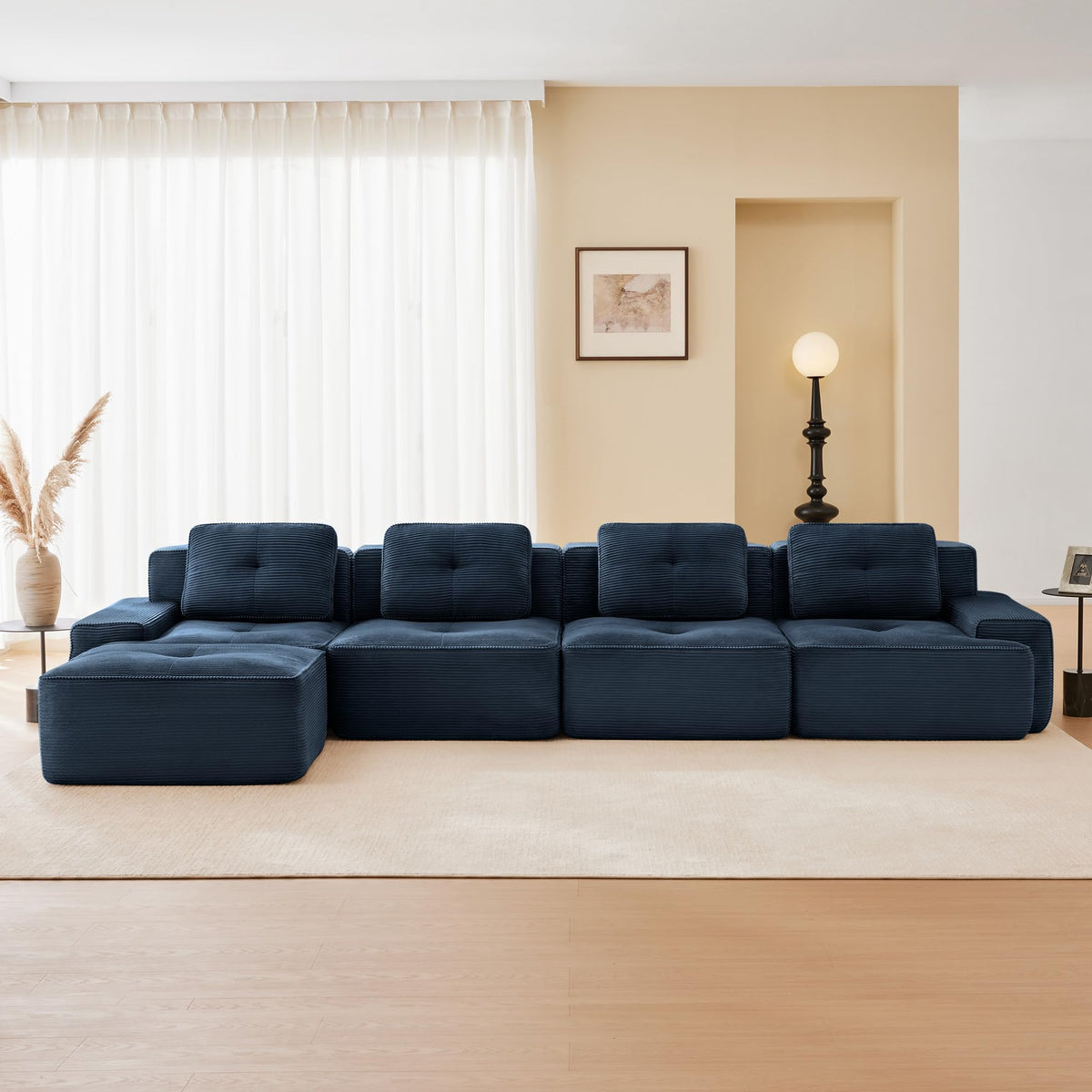 115.3” Camel Boneless Couches for Living Room, Modular Sectional Sofa with L-Shape Chaise, 3 Seater Comfy Upholstered Deep Seat Corduroy Fabric Cloud Couch No Assembly, Anti-Slip Design