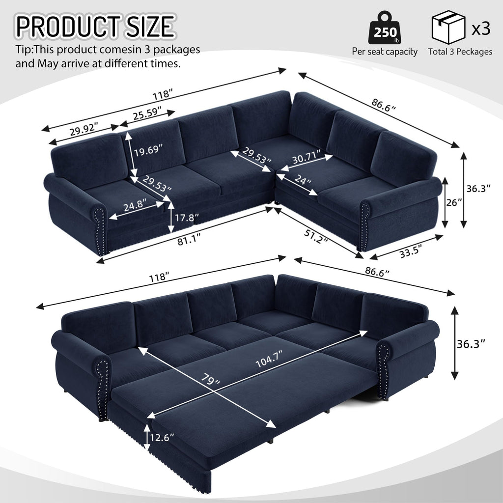 118" Oversized Sleeper Sofa with Pull Out Bed, Chenille L Shaped Convertible Sectional Sleeper Couch with Nailhead Trim & Rolled Arm, 6-Seater Couches for Living Room, Blue