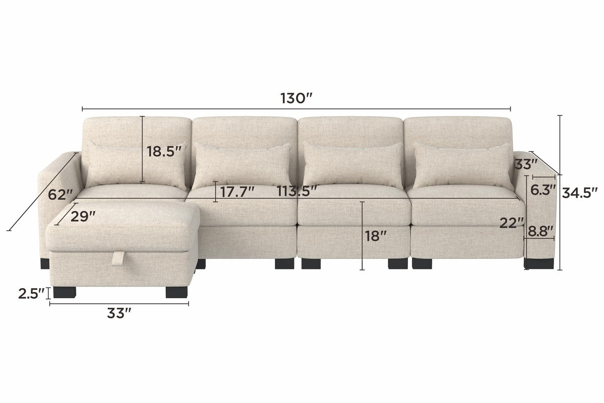 130" Beige Modular L Shaped Sofa with Storage Ottoman Spring Pack Cushion, Solid Wood Frame, Combination Design PU889
