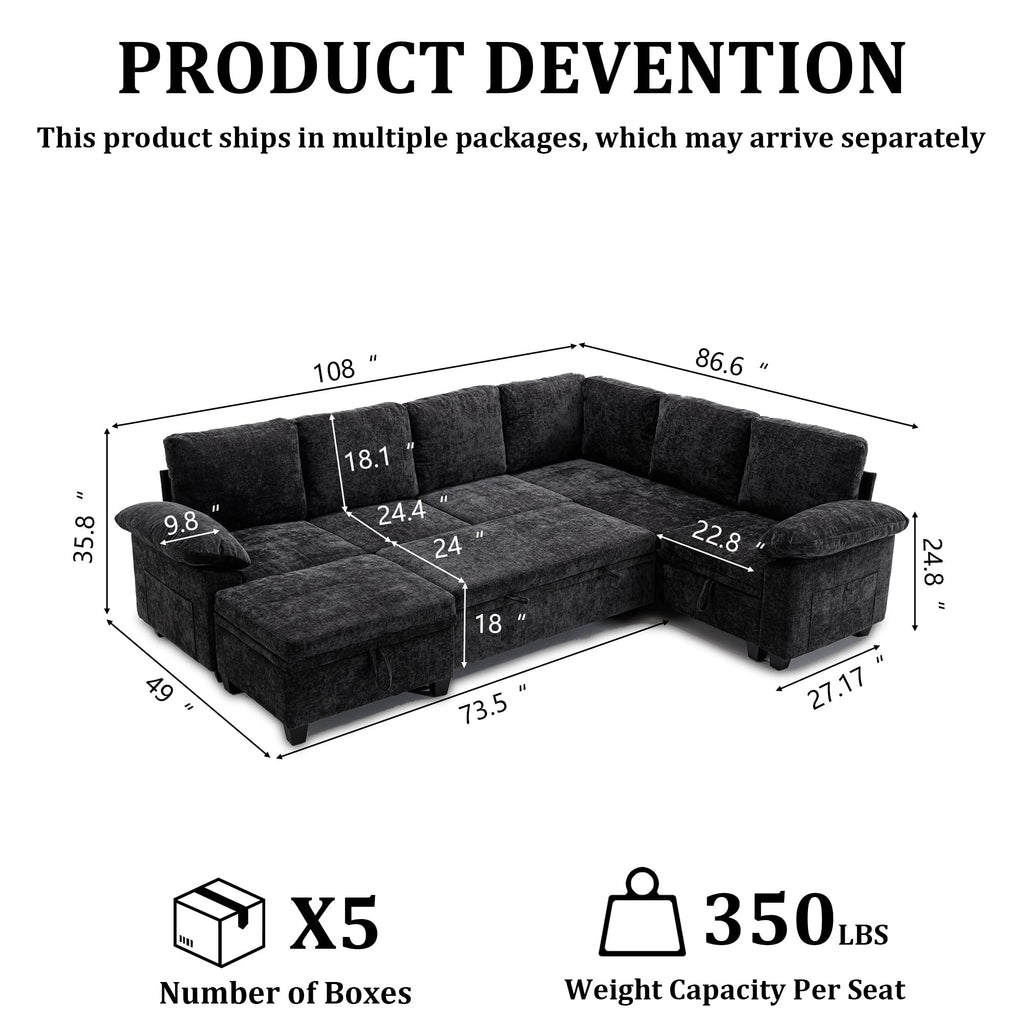 109" Modular Sectional L Shaped Sofa with Pull Out Bed, Sectional Sleeper 7 Seat Couch with Storage, Modern Chenille Convertible Sofa Bed, Sectional Couches for Living Room, Black