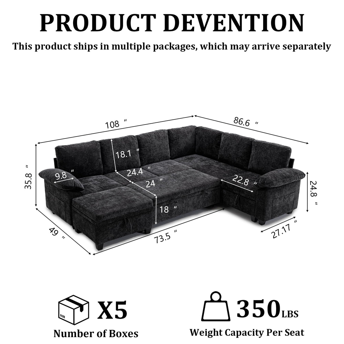 109" Modular Sectional L Shaped Sofa with Pull Out Bed, Sectional Sleeper 7 Seat Couch with Storage, Modern Chenille Convertible Sofa Bed, Sectional Couches for Living Room, Black