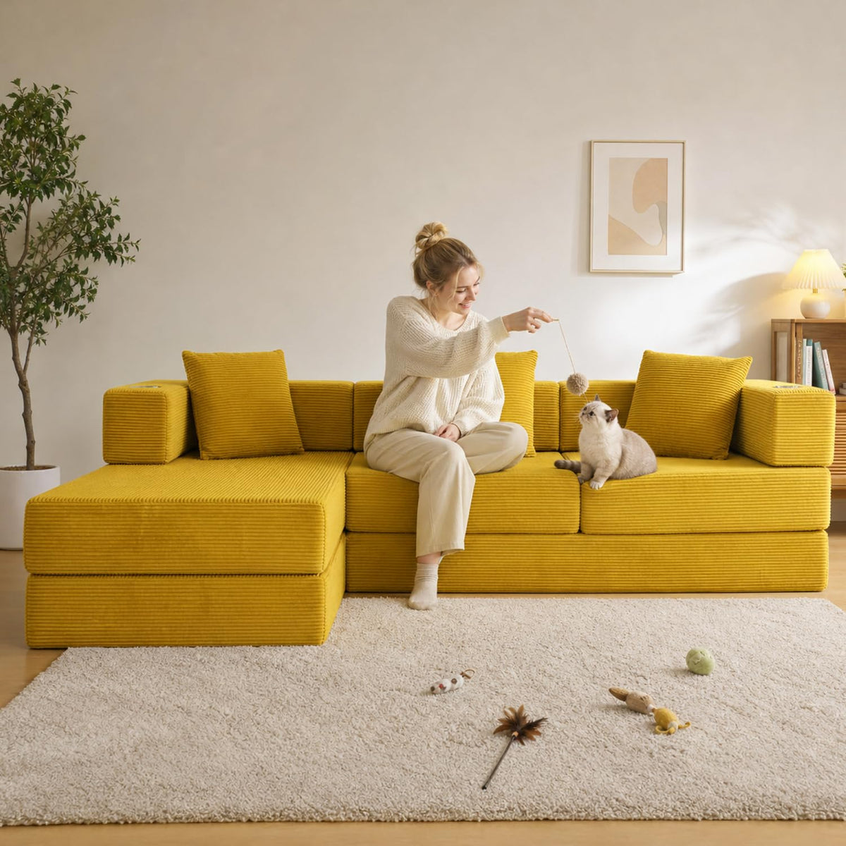 108" Modular Sectional Sofa Bed, L-Shaped Boneless Couch, Yellow