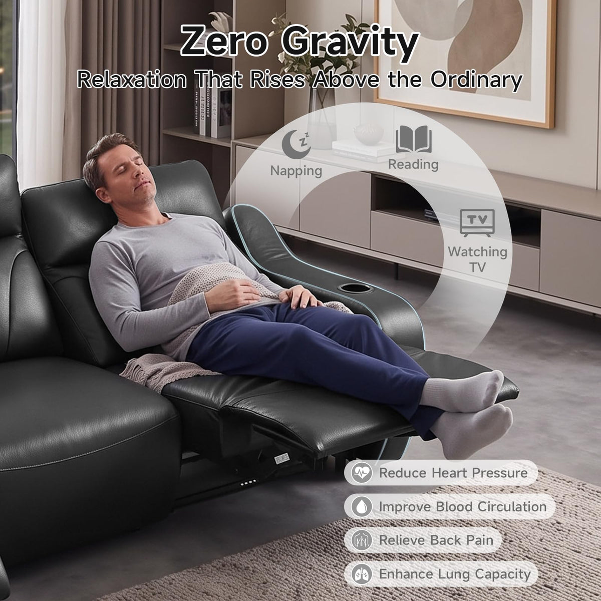 105" Genuine Leather Power Recliner Sofa, 3-Seat Zero Gravity Couch with Massage Backrest, Electric Recliner Couches with USB Ports Cup Holders & USB Charging Ports & LED Light Strip, Black