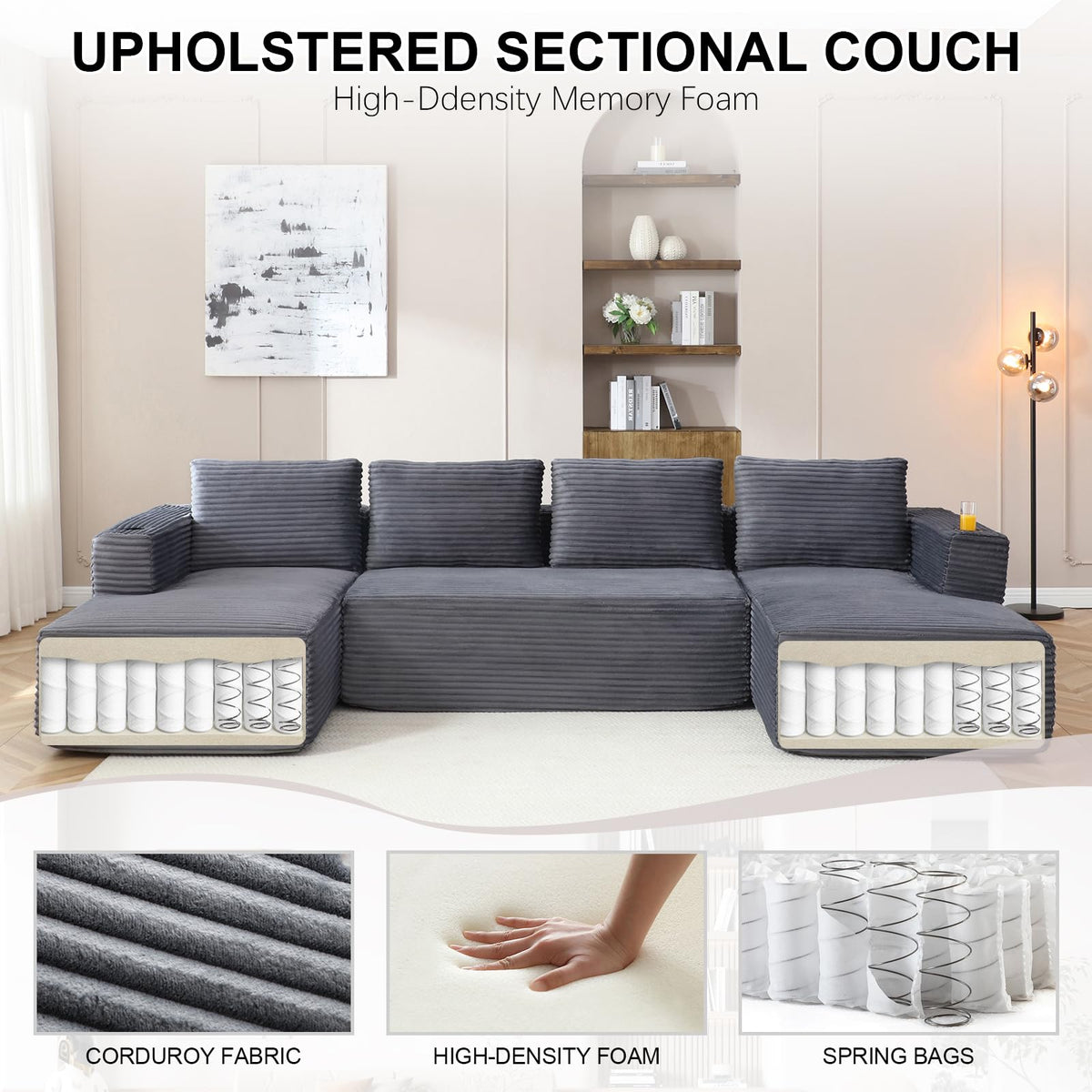 132 Inch Oversized Modular Sectional Sofa for Living Room, U-Shaped Cloud Boneless Couches with Cup Holder & Side Pockets, Comfy Corduroy Deep Seat Sofa, No Assembly Required, Gray