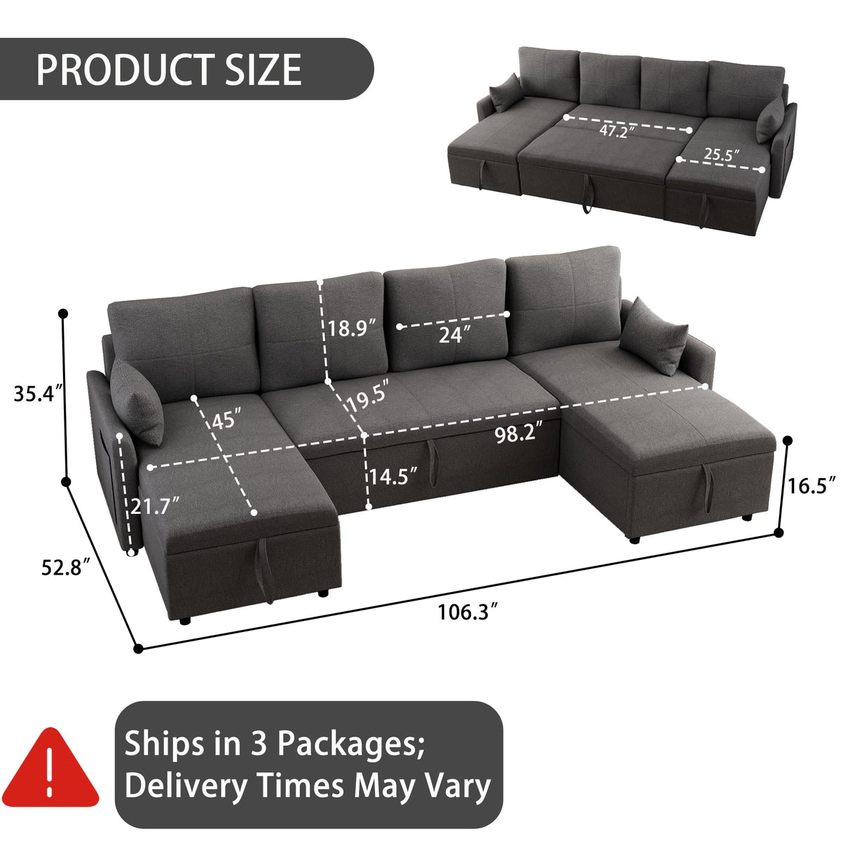 U Shaped Sleeper Sofa Bed: 106" Grey Sofas Sleeper Couch
