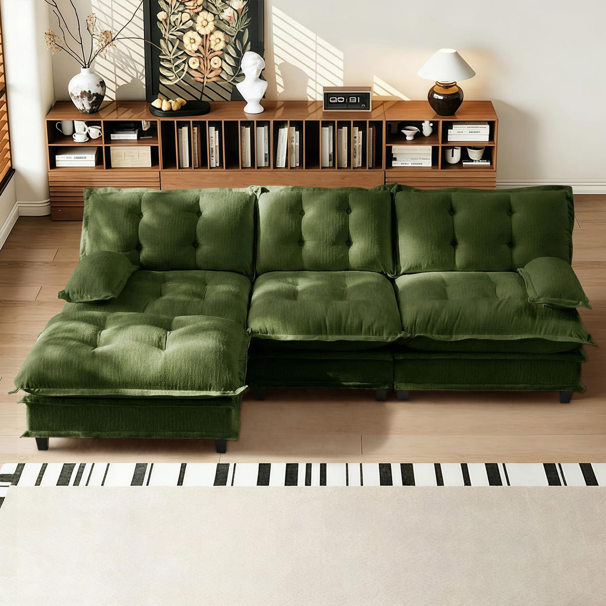 107.5" Modular Sectional Sofa-Chenille Deep 3 Seater L-Shaped Cloud Couch with Ottoman, Button Seat Cushions for Living Room & Apartment, Orange