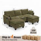 108" Modular Sectional Sofa Cloud Couch - U Shape Sofa with Charging Station Side Storage - Chenille Comfy Couches with Ottoman Movable for Living Room Bedroom Apartment Office, Green