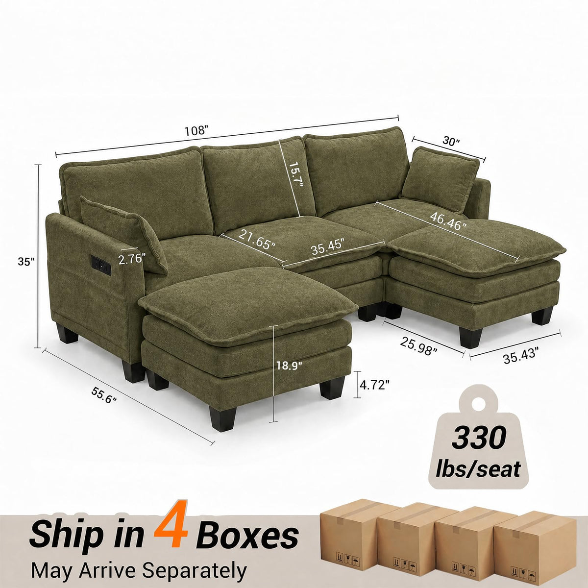 108" Modular Sectional Sofa Cloud Couch - U Shape Sofa with Charging Station Side Storage - Chenille Comfy Couches with Ottoman Movable for Living Room Bedroom Apartment Office, Green